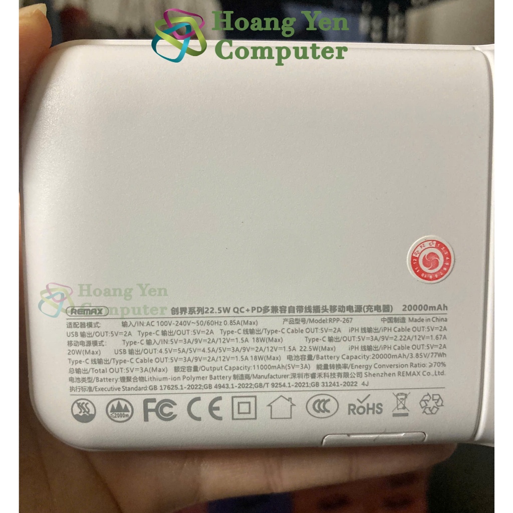 [Có CCC] Nguồn di động 20000mah Remax 267 553 - Sạc nhanh QC 22.5W và PD 20, Chui cắm trực tiếp - Hoàng Yến Computer