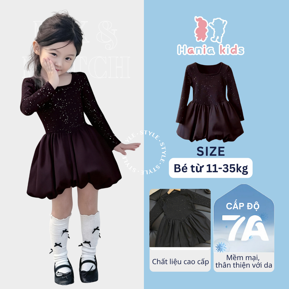 Váy Dài Tay Bé Gái Hania Kids Váy Liền Thân Lấp Lánh Blink Blink, Phù Hợp Mùa Thu Đông