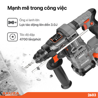 Máy Khoan Bê Tông cao cấp 2603 PRO pin Akuza, lực đập 3,0J, Antikickback, Động cơ không chổi than