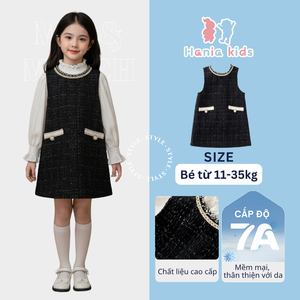 Váy Yếm Cho Bé Gái HANIA KIDS Sát Nách Dáng Suông, Màu Đen Sang Trọng Chất Dạ Dày Dặn