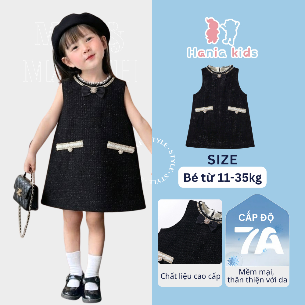 Váy Yếm Trẻ Em Hania Kids, Vải Nhung Dày Dặn, Màu Đen Sang Trọng, Phong Cách Tiểu Thư