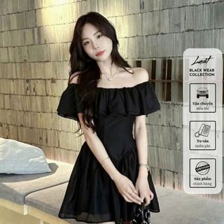 Đầm đen trễ vai dáng xòe tiểu thư LUST Váy nữ thiết kế kiểu bèo ôm eo chất tơ gương Đ14