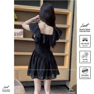 Đầm đen trễ vai dáng xòe tiểu thư LUST Váy nữ thiết kế kiểu bèo ôm eo chất tơ gương Đ14