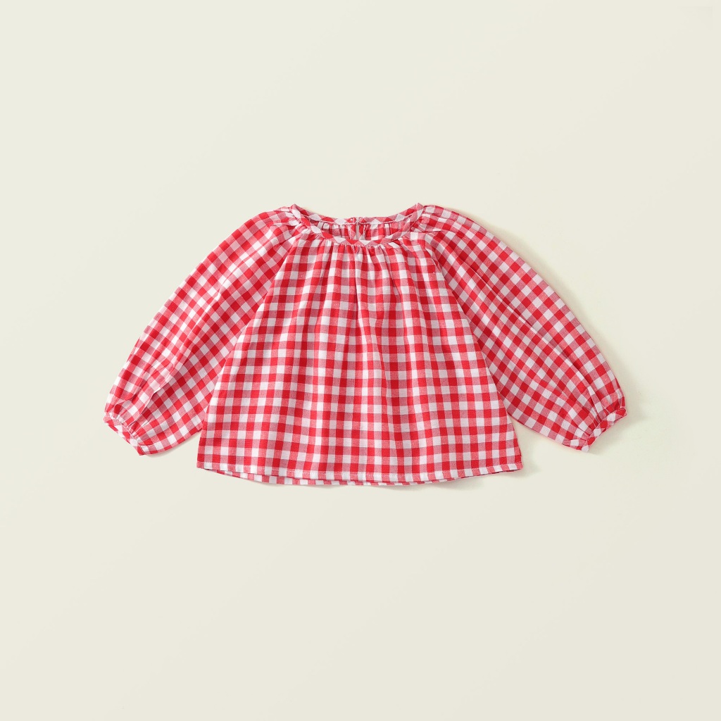 Set Yếm Bò Bé Gái Dài Tay Thu Đông HANIA KIDS Phối Nơ Caro Đỏ – Phong Cách Dễ Thương Năng Động
