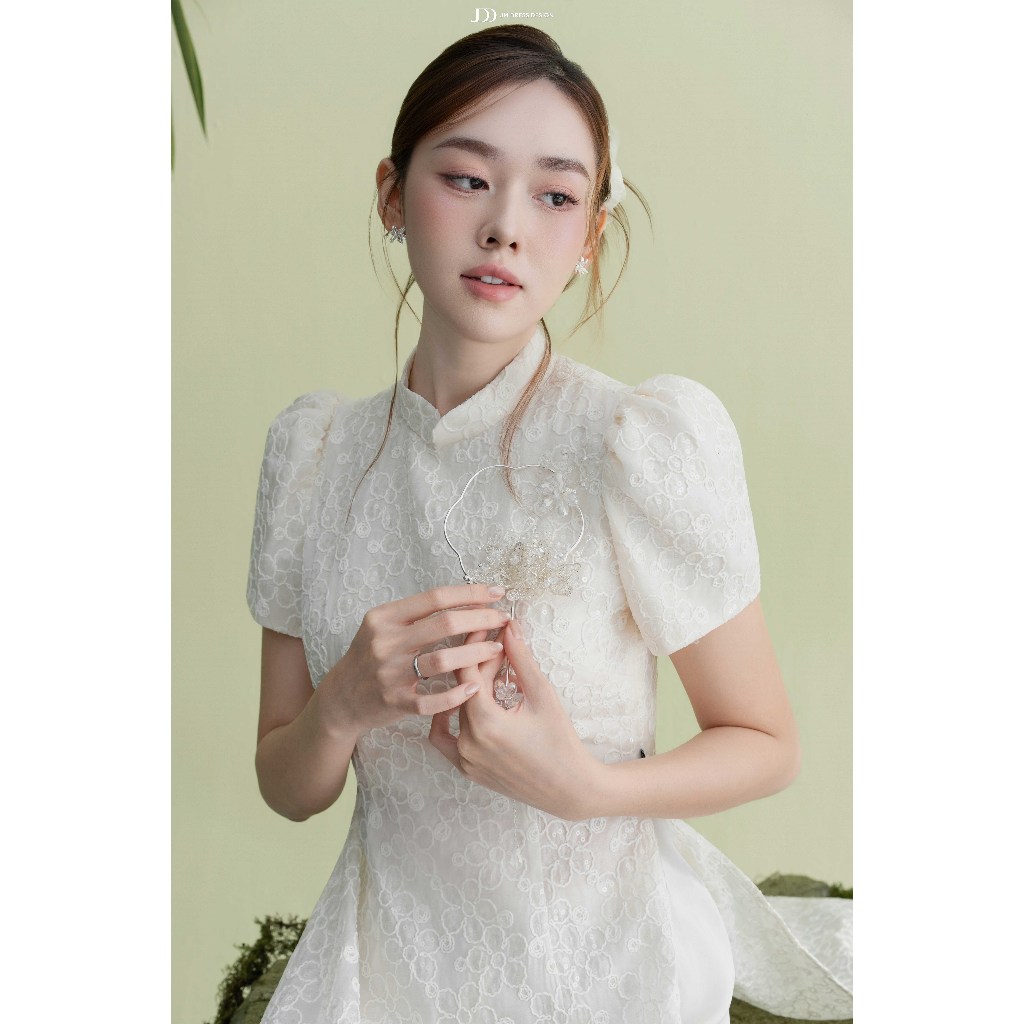 Áo Dài Thanh Khuê - Áo Dài Cổ Tàu, Tay Nhún Phồng Thêu Nổi Hoạ Tiết Hoa 2M05.2509 - Áo Dài Cách Tân Thanh Lịch By JM