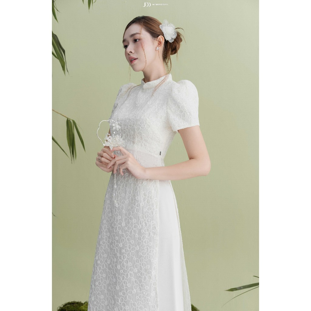 Áo Dài Thanh Khuê - Áo Dài Cổ Tàu, Tay Nhún Phồng Thêu Nổi Hoạ Tiết Hoa 2M05.2509 - Áo Dài Cách Tân Thanh Lịch By JM