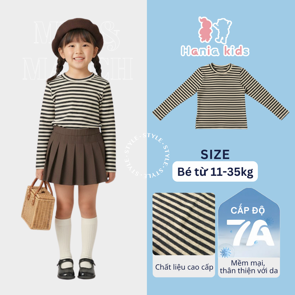 Áo Thun Tay Dài Bé Gái Hania Kids Chất Cotton Co Giãn, Họa Tiết Kẻ Ngang Màu Nâu Cà Phê