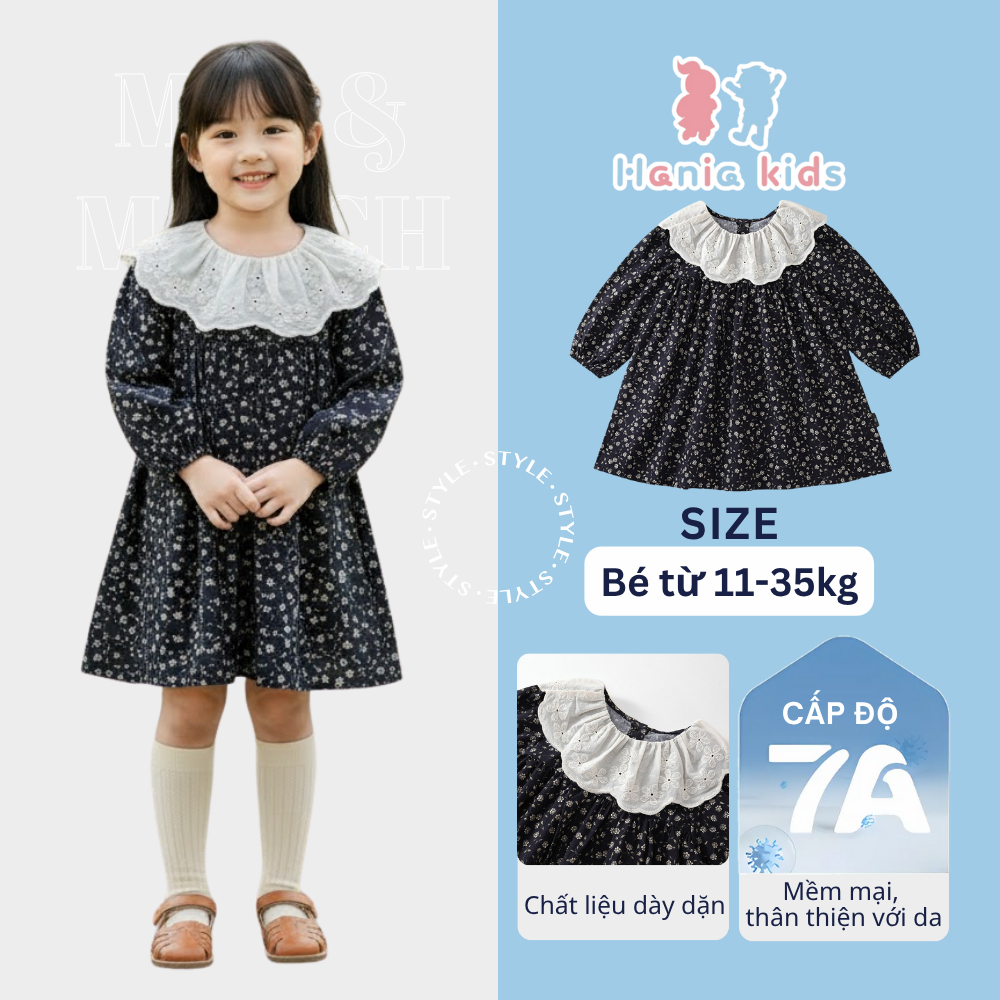Váy Công Chúa Bé Gái Phong Cách Cổ Điển Hania Kids, Họa Tiết Hoa Nhí, Tay Dài, Chất Liệu Mềm Mại