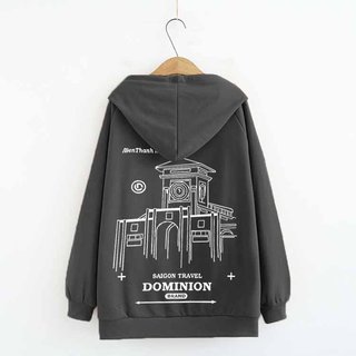 (40-68KG) Áo Hoodie Nỉ bông Thu Đông TRƠN Phối Nón To In Chữ  DOMINION màu Xám/Đen K
