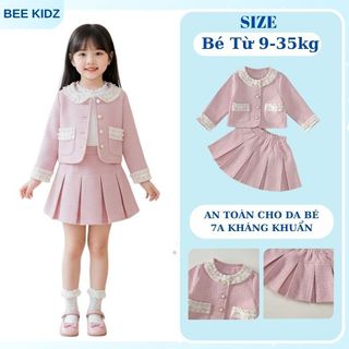 Sét Cho Bé Gái, Sét Dạ Dài Tay Cho Bé Gái Thiết Kế Tiểu Thư Nhẹ Nhàng Kèm Chân Váy Xếp Ly Xinh Xắn