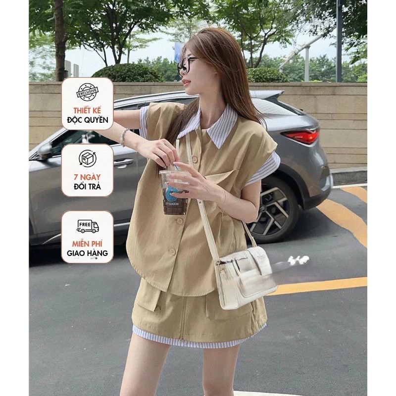 Set áo kaki phối cổ kẻ hai màu xanh than, vàng siêu xinh