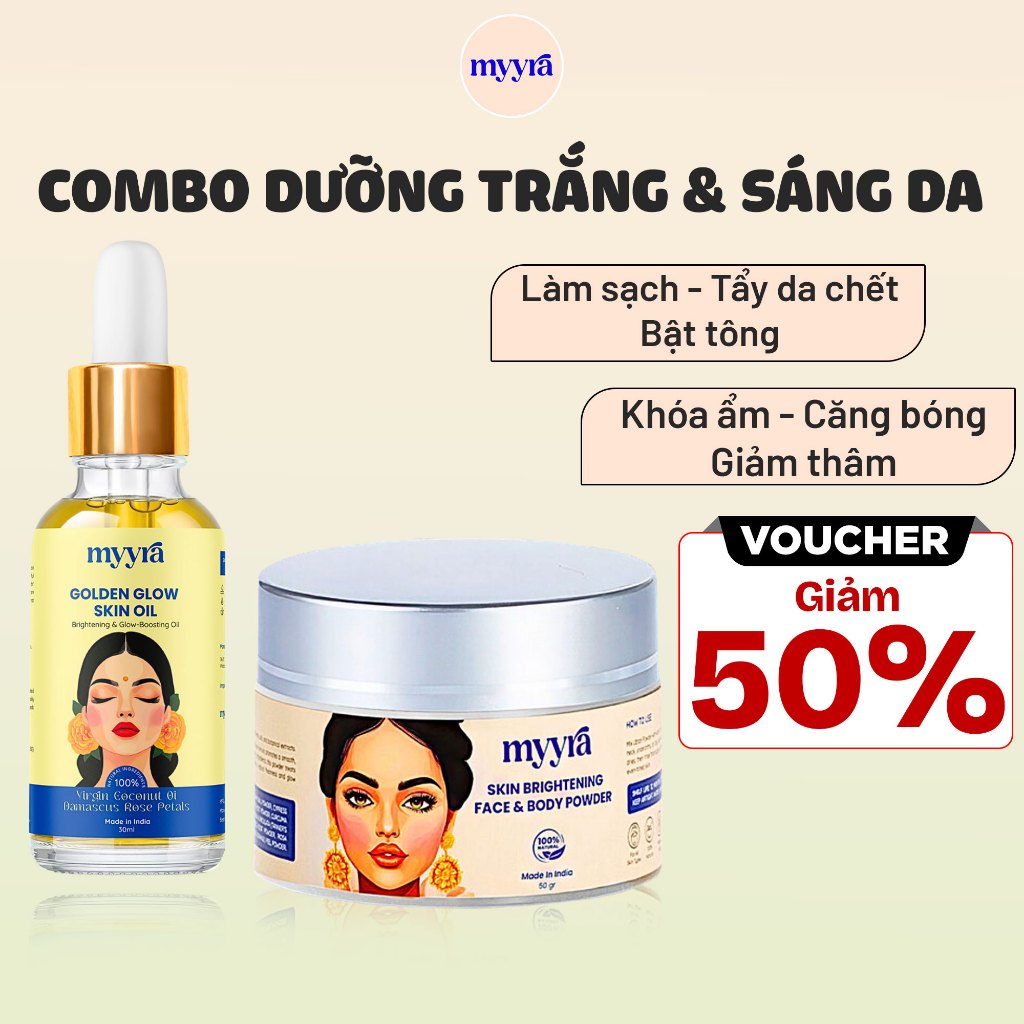 Combo Da Sáng Với Bộ Đôi Bột Trắng Da Thiên Nhiên & Dầu Dưỡng Sáng Da Giảm Thâm Ấn Độ Cho Da Sáng Bóng Ẩm Mượt