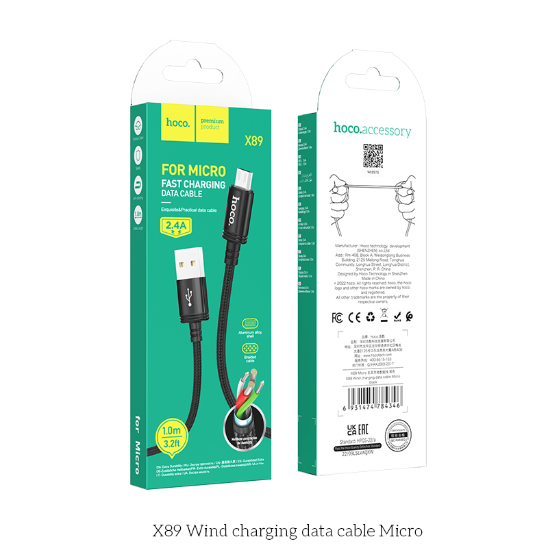 Cáp Sạc USB to Micro Dù Đen Hoco X89 – Dây Sạc Nhanh, Chống Đứt, Dài 1m, Bền Bỉ, Chính Hãng