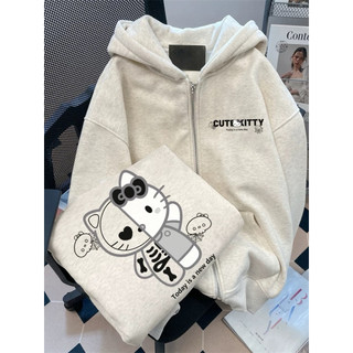 Áo khoác nỉ form rộng tay bồng mũ hai lớp - kitty xương