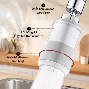 Vòi rửa bát inox 2 chế độ nước lõi lọc bông lọc phèn xoay 360 độ. Đầu lọc nước tại vòi rửa chén