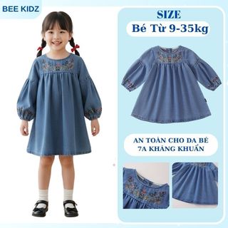 Váy Cho Bé Gái, Váy Bò Dài Tay Cho Bé Gái Thiết Kế Dáng Suông Tay Bồng Chất Liệu Jean Mềm