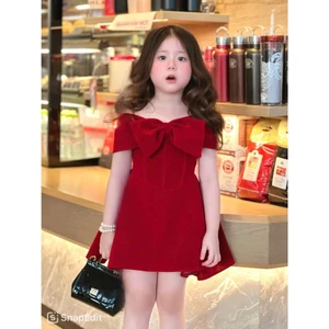 Đầm bé gái nhung đỏ trễ vai nơ to cho bé và mẹ, Váy tiệc sang chảnh bé gái đi chơi, đi tiệc