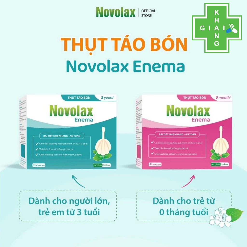 Thụt táo bón Novolax Enema cho trẻ từ 3 tuổi và người lớn (Hộp 12 ống)