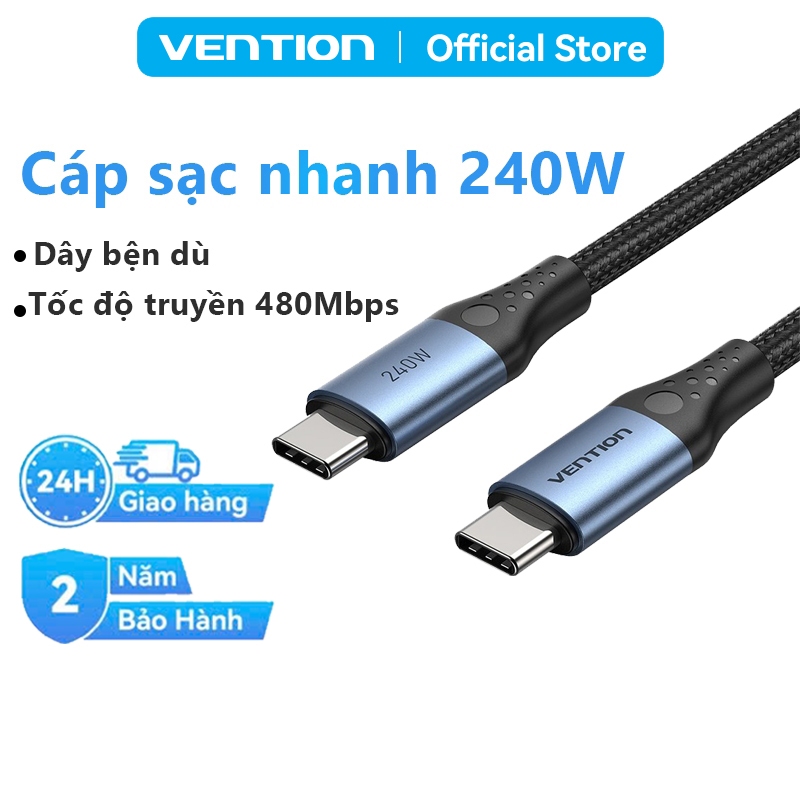 Cáp Sạc Nhanh 240W Vention Type C, Tốc Độ 480Mbps, Dây Dù Bện 4mm Đầu Hợp Kim Nhôm Mạ Niken Bền Chắc