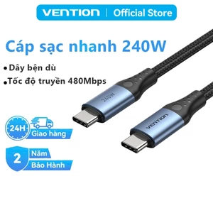 Cáp Sạc Nhanh 240W Vention Type C, Tốc Độ 480Mbps, Dây Dù Bện 4mm Đầu Hợp Kim Nhôm Mạ Niken Bền Chắc