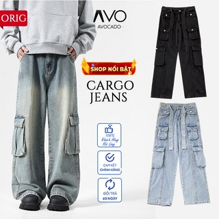 Quần jean nam nữ 8 túi hộp đai to Hiphop ống rộng xuông dài cargo pants Avocado