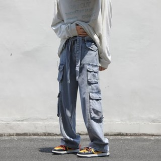 Quần jean nam nữ 8 túi hộp đai to Hiphop ống rộng xuông dài cargo pants Avocado
