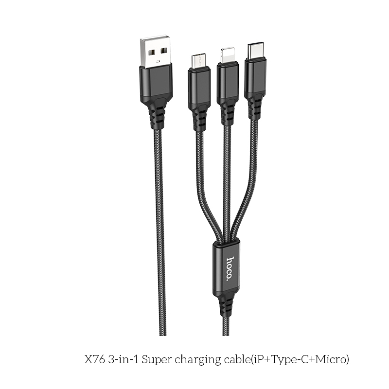 Cáp Sạc 3 Đầu USB to iP, Type-C, Micro, bọc Dù Đen Hoco X76 – Sạc Nhanh, Chống Đứt, Bền, Chính Hãng