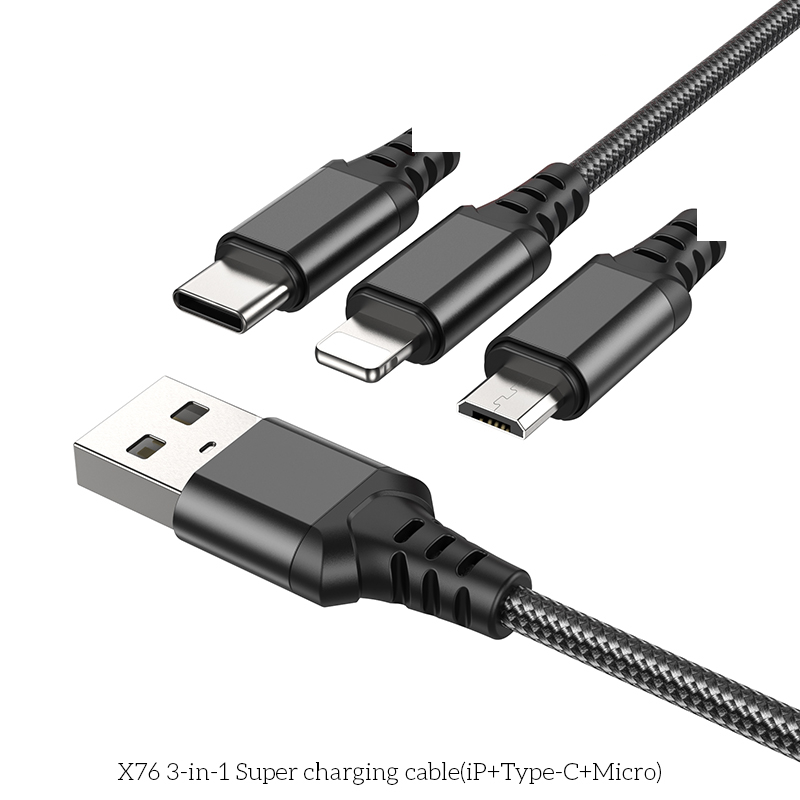Cáp Sạc 3 Đầu USB to iP, Type-C, Micro, bọc Dù Đen Hoco X76 – Sạc Nhanh, Chống Đứt, Bền, Chính Hãng