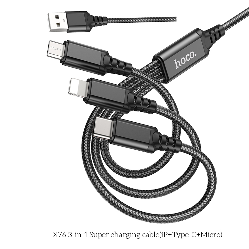 Cáp Sạc 3 Đầu USB to iP, Type-C, Micro, bọc Dù Đen Hoco X76 – Sạc Nhanh, Chống Đứt, Bền, Chính Hãng
