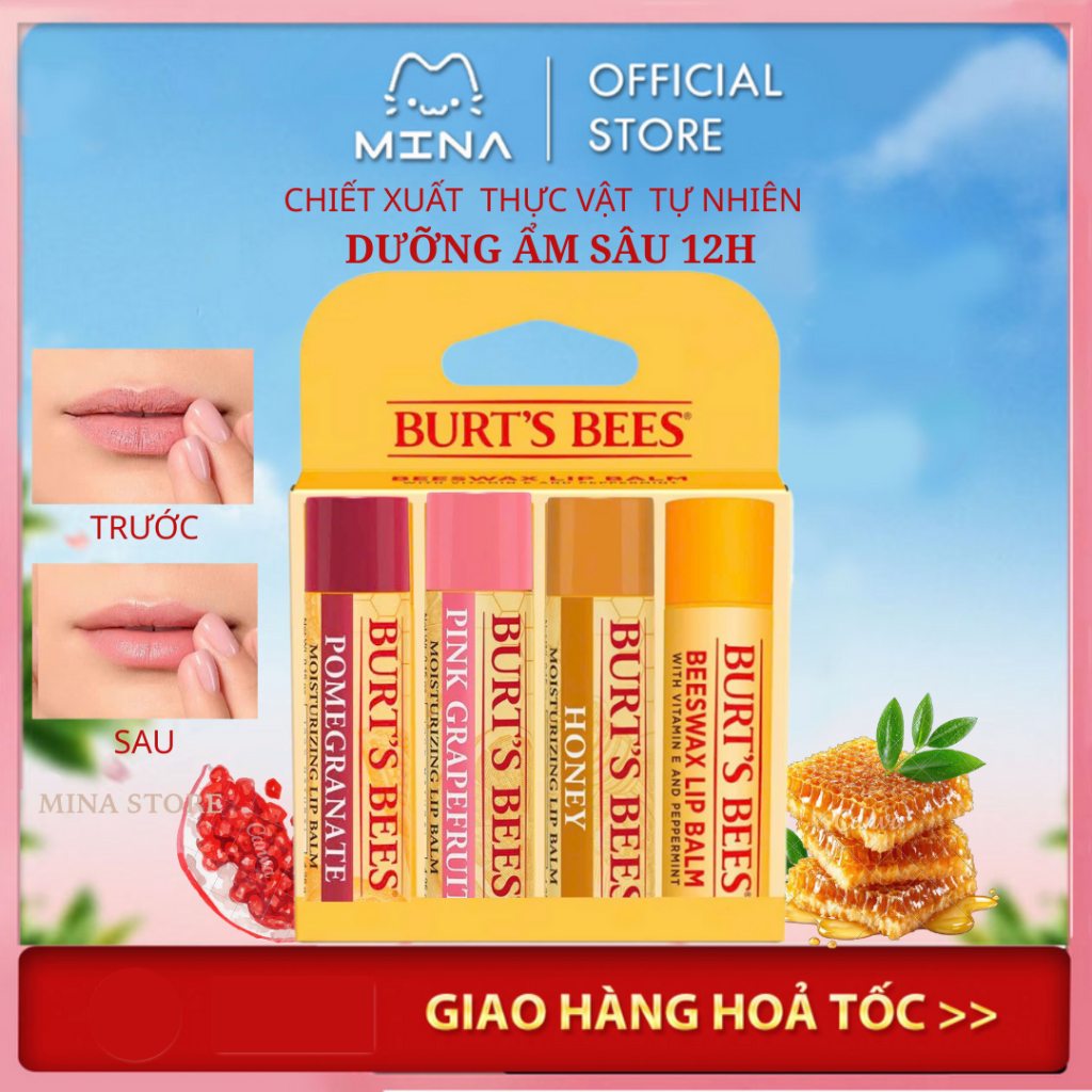 Son Dưỡng Burt’s Bees 4.25g Bees Moisturizing Lip Balm dưỡng môi, son dưỡng không màu Bill Mỹ