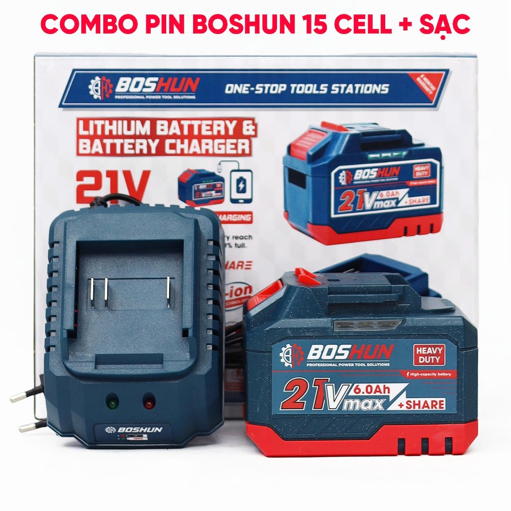 Combo Pin 15 Cell + Sạc Boshun BS-BK1506C, Dung Lượng Cực Lớn, Bảng Mạch Bền Bỉ, Có Cổng Sạc USB