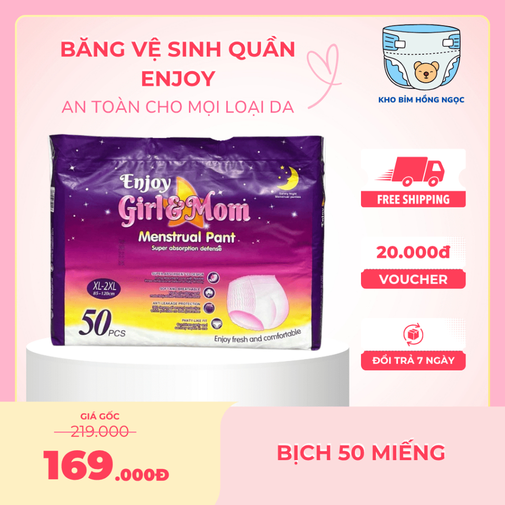 [Bịch 50 miếng] Băng Vệ Sinh Quần Enjoy Girl&Mom Thấm Hút Tốt, Chống Tràn Hiệu Qủa, Đủ Size 30-90Kg