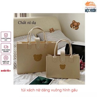Túi xách nữ dáng vuông, chất liệu nỉ, họa tiết hình gấu siêu dễ thương