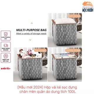 [Mẫu mới 2024] Hộp vải kẻ sọc đựng chăn mền, quần áo, có khóa kéo - dung tích 100L