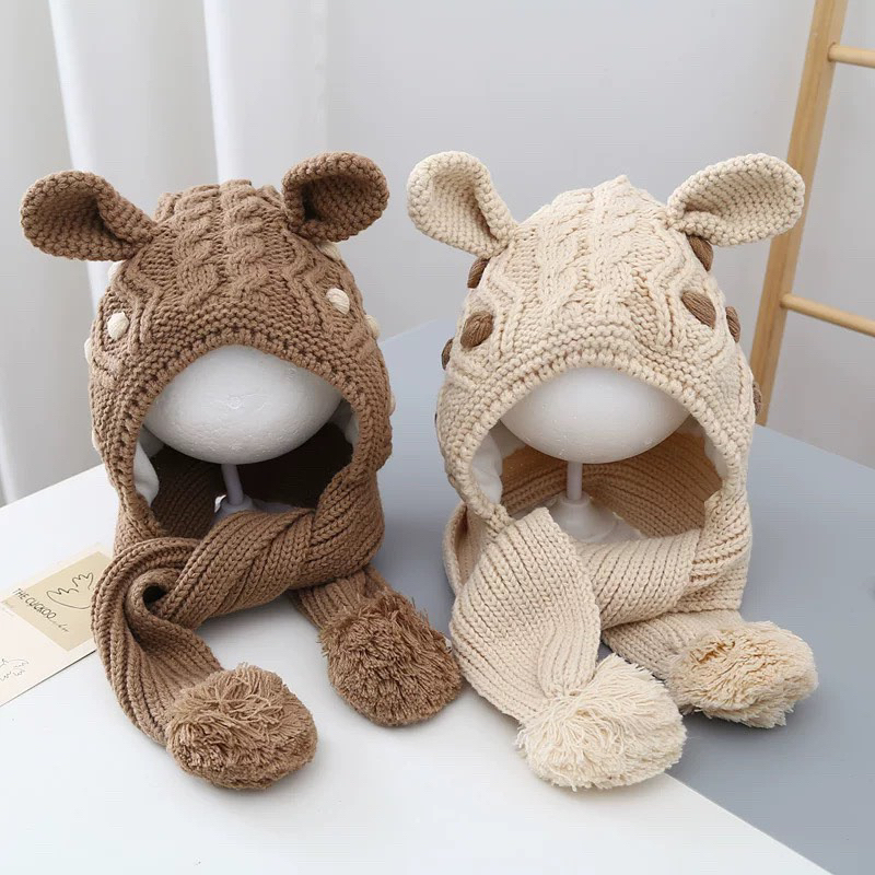 Mũ Nón Liền Khăn Quàng Cổ Dệt Kim Bảo Vệ Tai Giữ Ấm Cho Bé Phong Cách Hàn Quốc