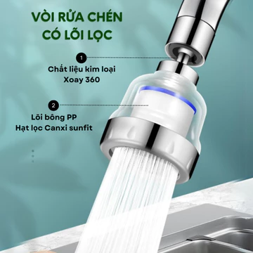 Đầu lọc nước tại vòi rửa chén tăng áp, lõi lọc bông khử clo dư, lọc cặn, lọc phèn, đầu bằng kim loại