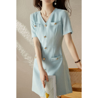 Đầm thiết kế KYE vải dạ thu đông màu xanh sang trọng Venica dress