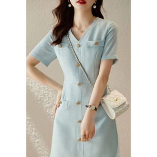 Đầm thiết kế KYE vải dạ thu đông màu xanh sang trọng Venica dress
