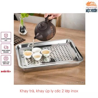 Khay trà, khay úp ly cốc 2 lớp, có ngăn ráo nước, chất liệu inox siêu bền