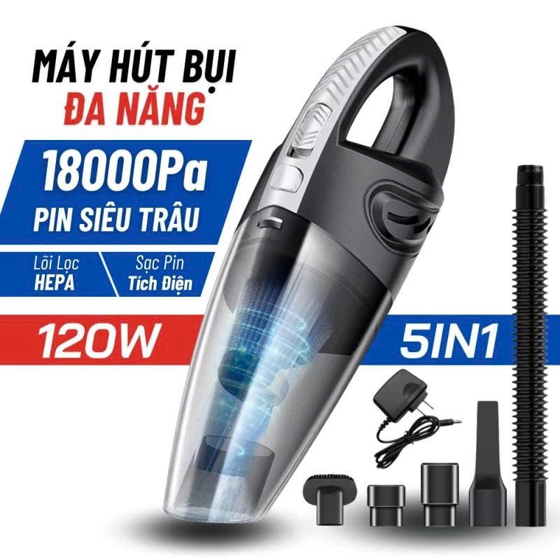 Máy Hút Bụi Cầm Tay Không Dây 5IN1, Lực Hút 18000PA Siêu Khỏe Công Suất 120W, Hút bụi cầm tay không dây khoẻ