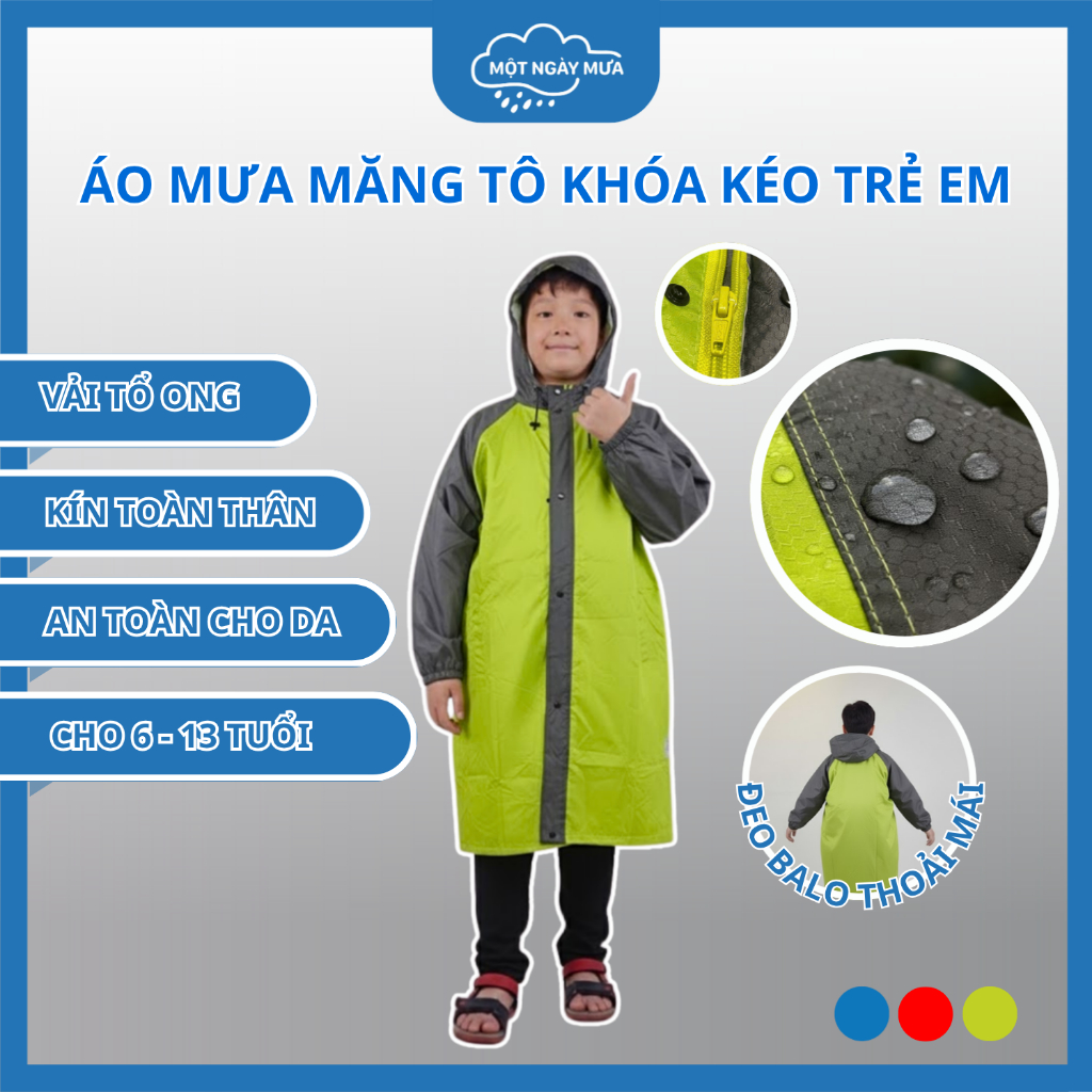 ÁO MƯA TRẺ EM MỘT NGÀY MƯA (6 - 13 TUỔI) KIỂU DÁNG MĂNG TÔ KHÓA KÉO - (VẢI TỔ ONG CHẤT LƯỢNG CAO)