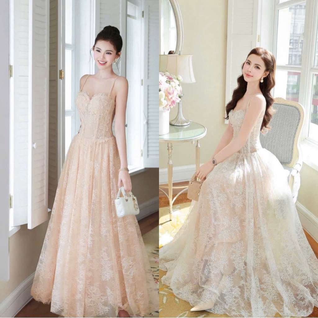 Collection 2025 Đầm maxi ren 2dây cúp đắp hoa xoè tiểu thư sang trọng