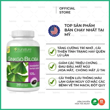 {Cam Kết Hàng Chính Hãng} Viên uống Bổ Não Ginkgo Biloba 120mg Trunature Mỹ Tăng Cường Trí Nhớ Giảm Căng Thẳng 340 viên