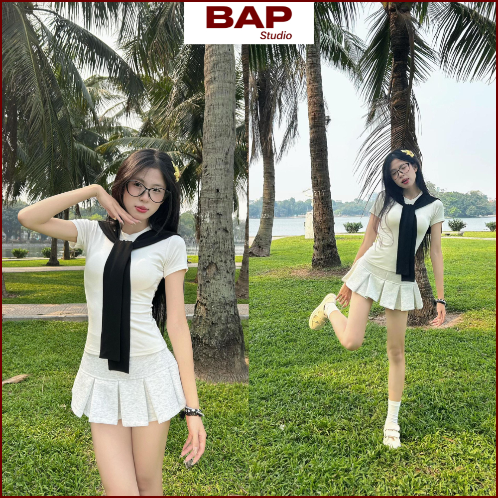 Set 3 món áo thun ôm body BAP STUDIO chất liệu cotton mềm mịn, kèm chân váy xếp ly và khăn quàng CB01