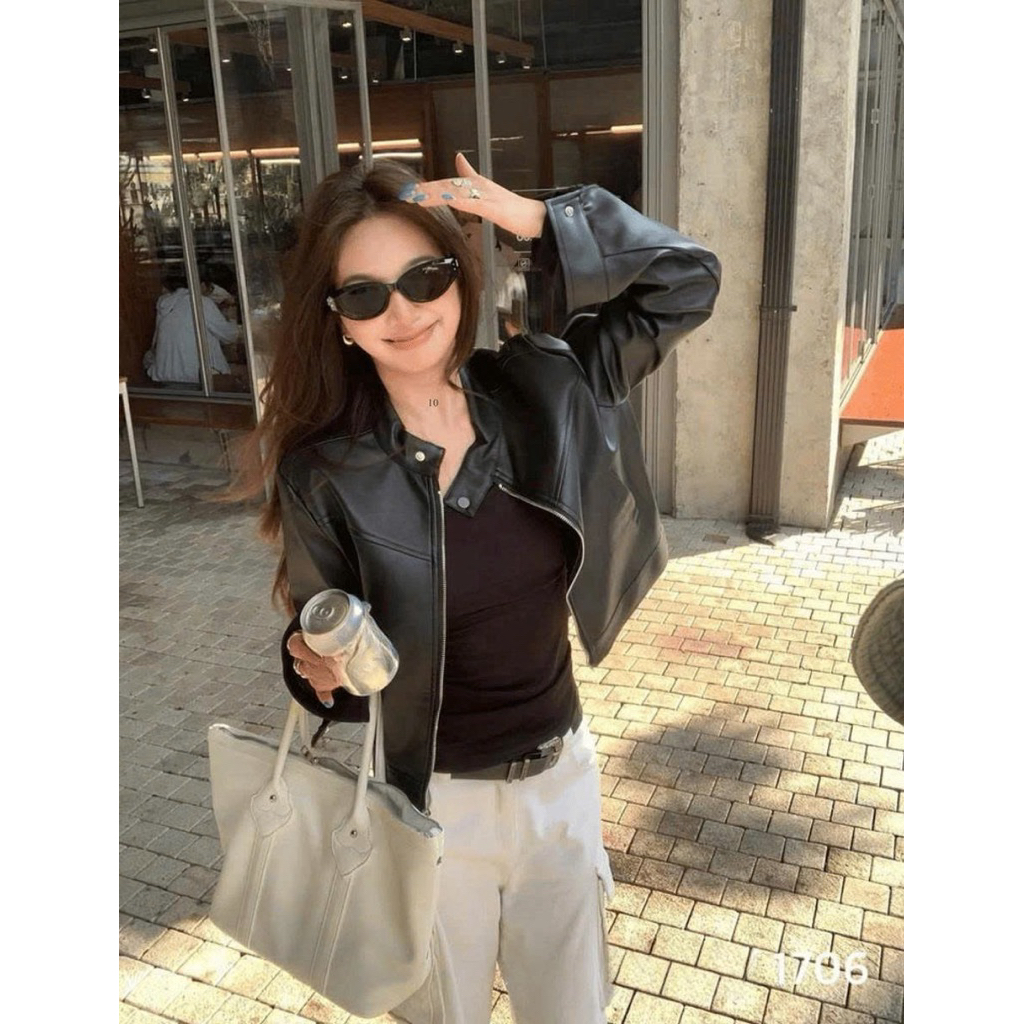 Áo khoác da cổ dựng 2 lớp hàng QC A1706