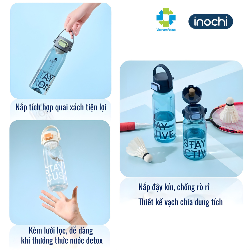 [NEW] Bình nước KITA BASE có quai xách, nhựa nguyên sinh cao cấp, đem đi tập thể thao, picnic