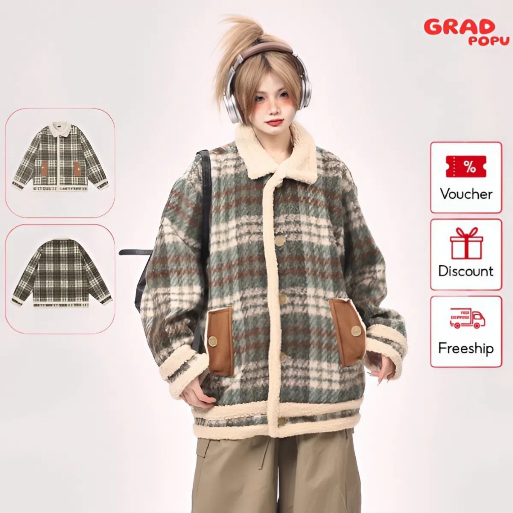 Áo khoác nữ GRADPOPU PPAK02 cổ bẻ đệm bông dày dặn siêu ấm, áo phao béo dáng rộng phong cách retro Mỹ