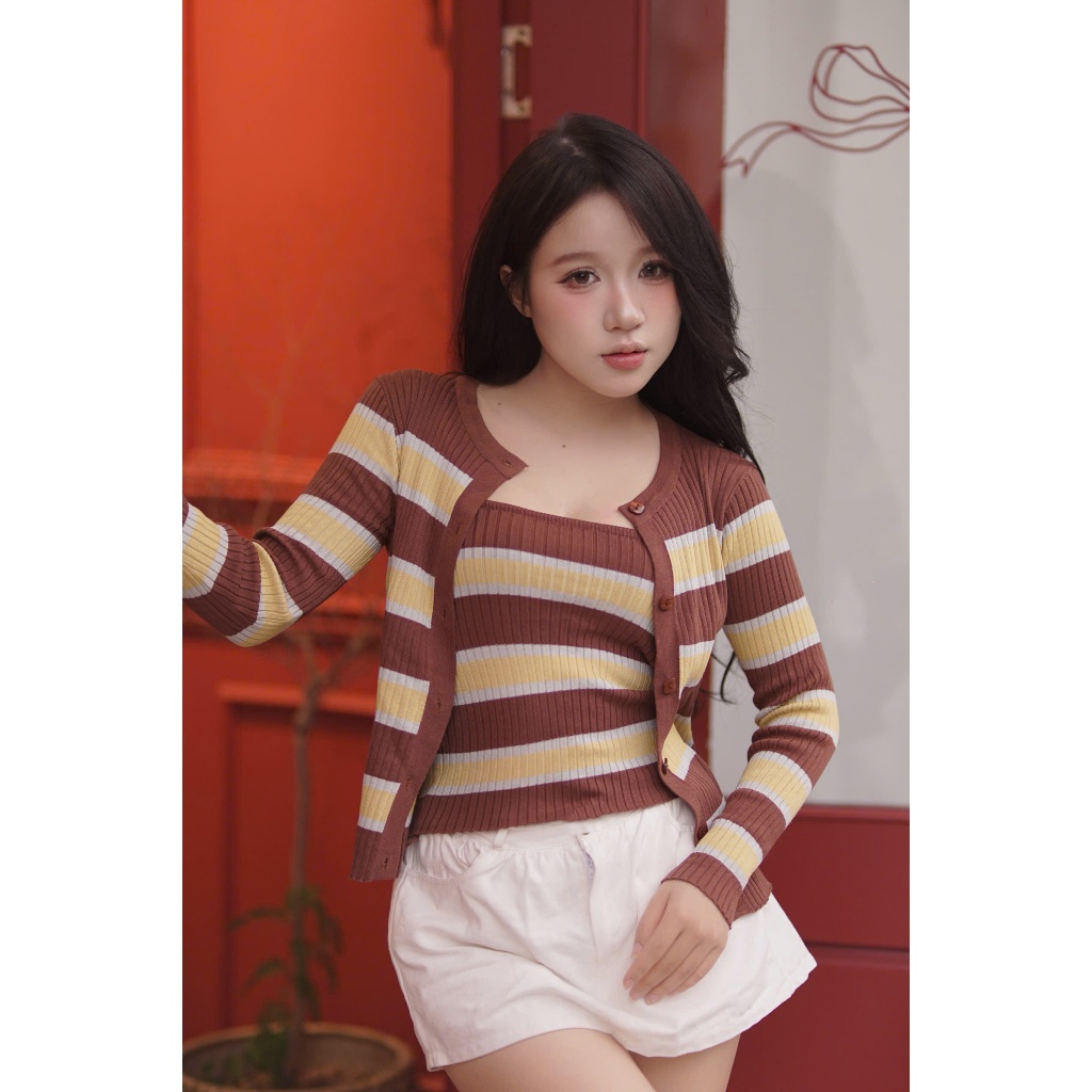 [DEAL mở bán - Thu Đông Collection] Set Cardigan len dài tay kẻ sọc ngang mix áo 2 dây tiểu thư CDG3 DORY CHIC