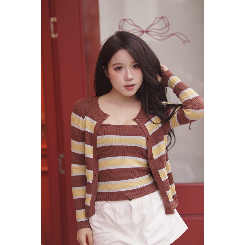 [DEAL mở bán - Thu Đông Collection] Set Cardigan len dài tay kẻ sọc ngang mix áo 2 dây tiểu thư CDG3 DORY CHIC