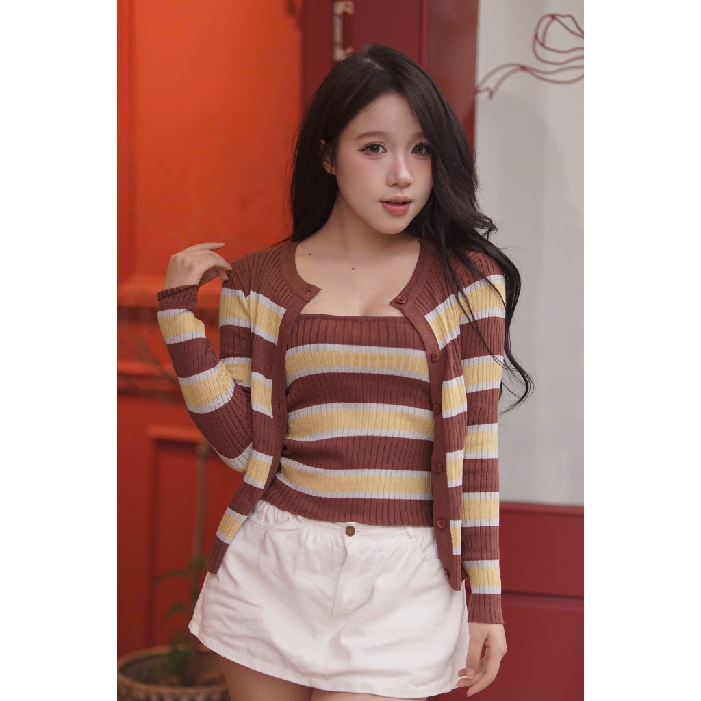 [DEAL mở bán - Thu Đông Collection] Set Cardigan len dài tay kẻ sọc ngang mix áo 2 dây tiểu thư CDG3 DORY CHIC